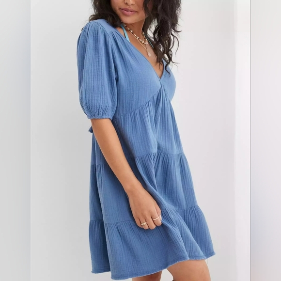 aerie Dresses & Skirts - Aerie Pool to Party Blue Dress Cover-Up V-neck keyhole gauzey Large